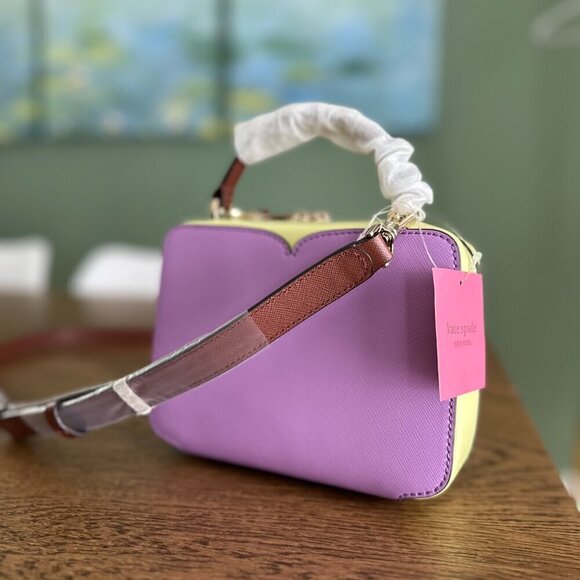 NWT!! Kate Spade Vanity Mini Top Handle Bag -Purple/Cream yellow(Irisbloom) - Picture 12 of 16